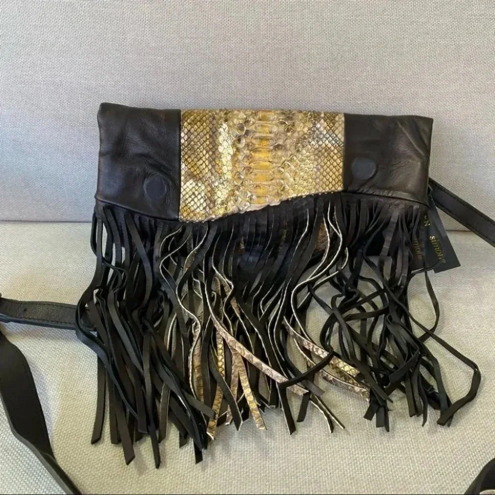 NWT Tarryn Simone Elsee Fringe Leather Crossbody Bag Black Gold Snake